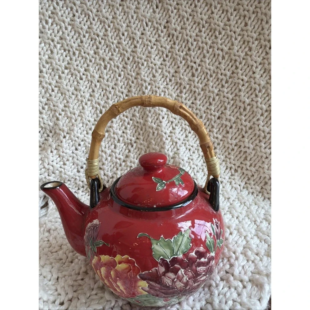 Pier One Red Peony Teapot with Bamboo Handle Handpainted Stoneware